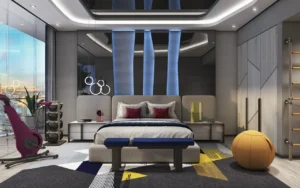 Volta by DAMAC in Downtown Dubai luxury bedroom with integrated fitness equipment and contemporary interior design in Dubai - Presented by Tohid Fetrat