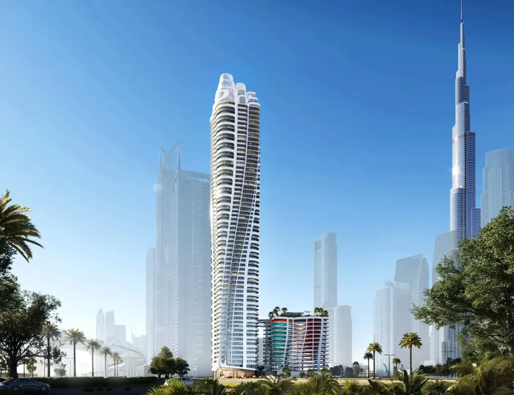 Volta by DAMAC in Downtown Dubai full residential tower view with Burj Khalifa skyline backdrop in Dubai - Presented by Tohid Fetrat