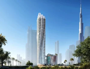 Volta by DAMAC in Downtown Dubai full residential tower view with Burj Khalifa skyline backdrop in Dubai - Presented by Tohid Fetrat