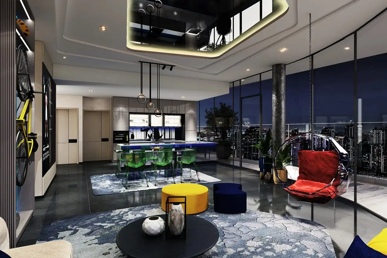 Volta by DAMAC in Downtown Dubai contemporary living and dining area with floor to ceiling windows and city views in Dubai - Presented by Tohid Fetrat