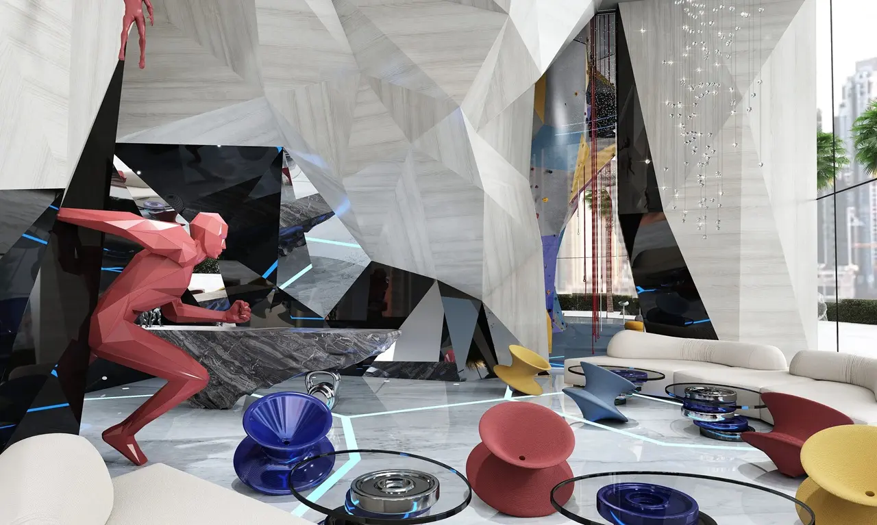 Volta by DAMAC in Downtown Dubai contemporary lobby interior with artistic design elements and luxury seating areas in Dubai - Presented by Tohid Fetrat