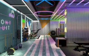 Volta by DAMAC in Downtown Dubai neon themed fitness studio with training equipment and workout zones in Dubai - Presented by Tohid Fetrat