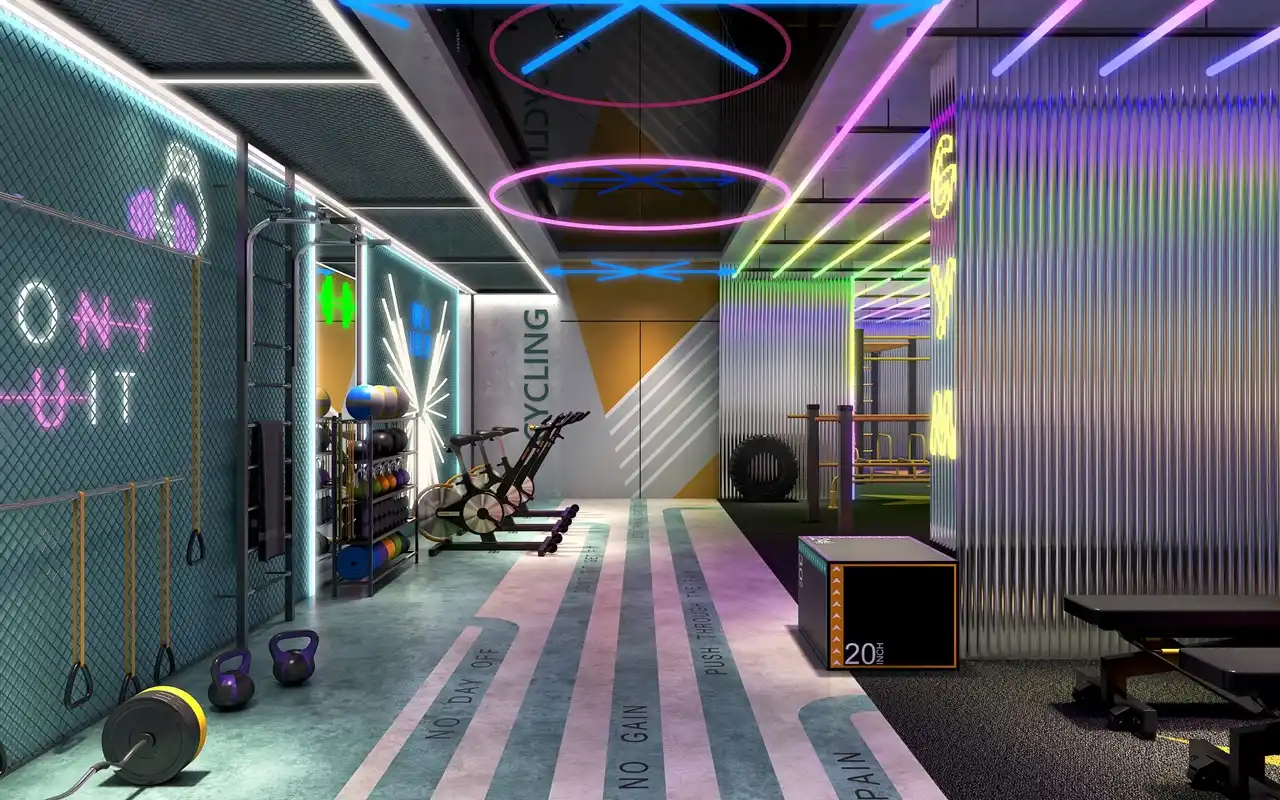Volta by DAMAC in Downtown Dubai neon themed fitness studio with training equipment and workout zones in Dubai - Presented by Tohid Fetrat