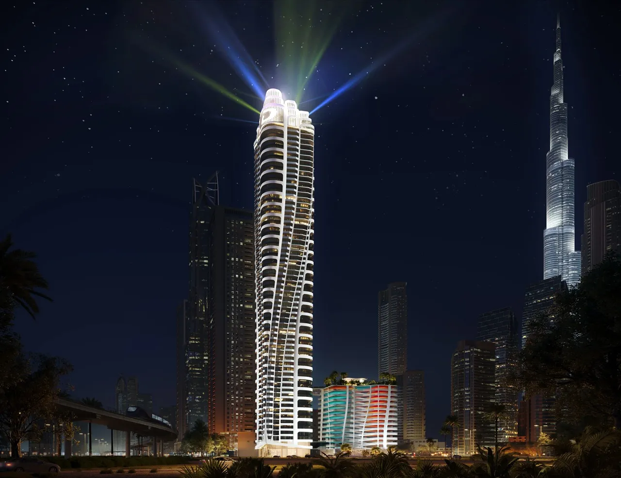 Volta by DAMAC in Downtown Dubai illuminated residential tower with Burj Khalifa skyline at night in Dubai - Presented by Tohid Fetrat