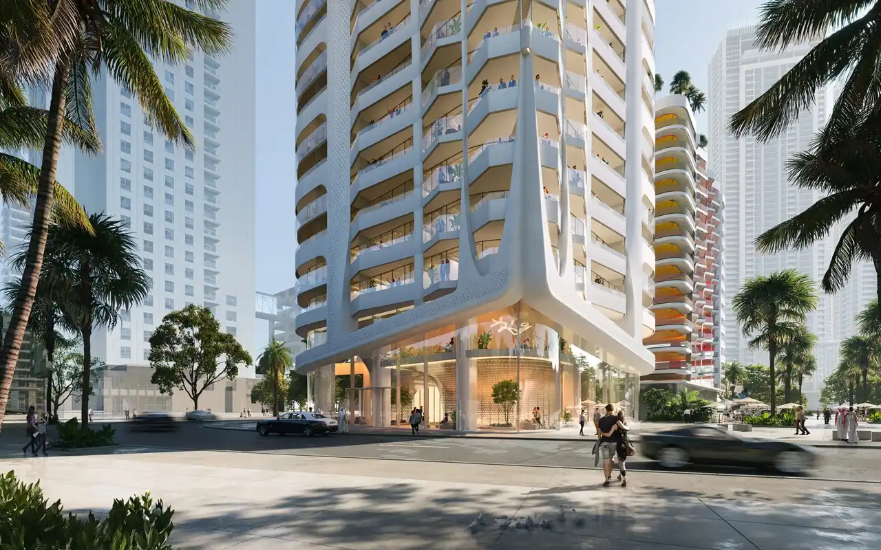 Volta by DAMAC in Downtown Dubai podium entrance and residential tower streetscape view in Dubai - Presented by Tohid Fetrat