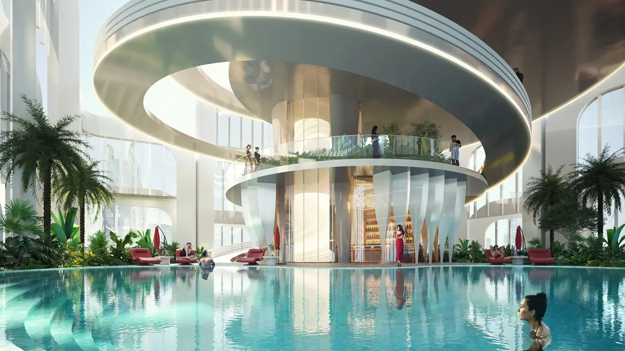 Volta by DAMAC in Downtown Dubai resort style swimming pool surrounded by luxury leisure spaces in Dubai - Presented by Tohid Fetrat