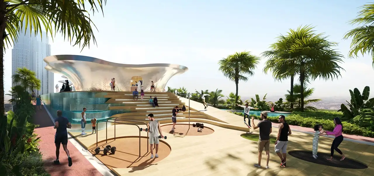 Volta by DAMAC in Downtown Dubai rooftop wellness deck with outdoor fitness areas and leisure spaces in Dubai - Presented by Tohid Fetrat