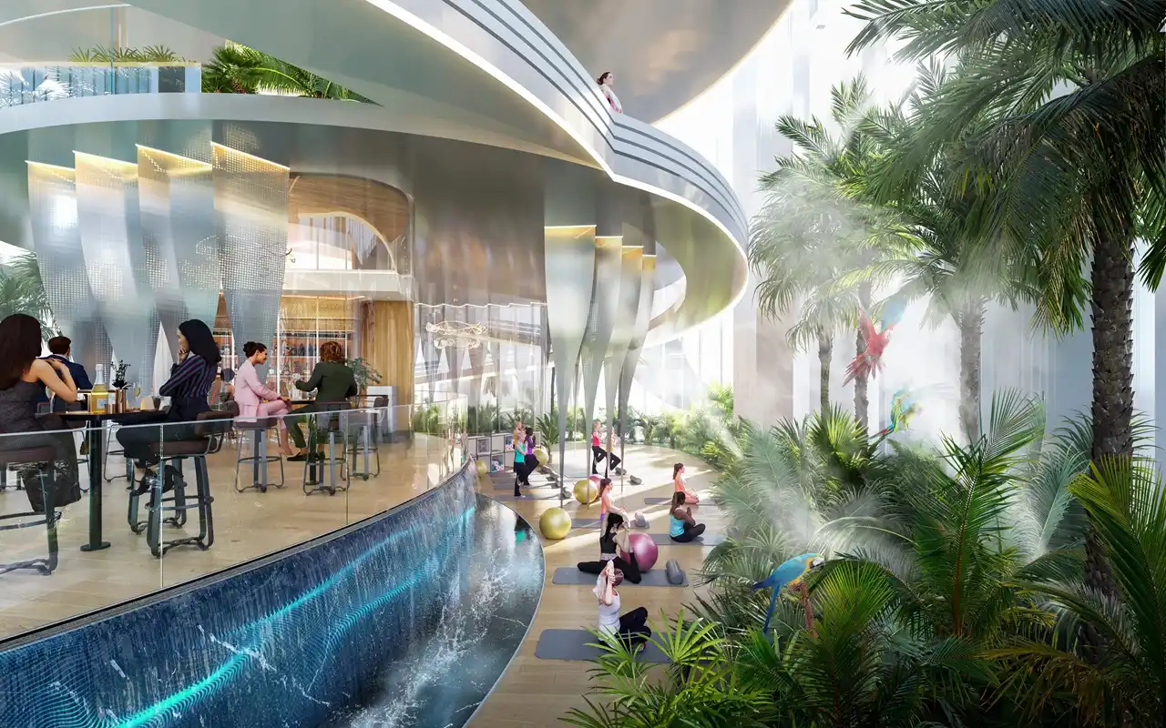 Volta by DAMAC in Downtown Dubai wellness garden with outdoor yoga area and tropical landscaping in Dubai - Presented by Tohid Fetrat