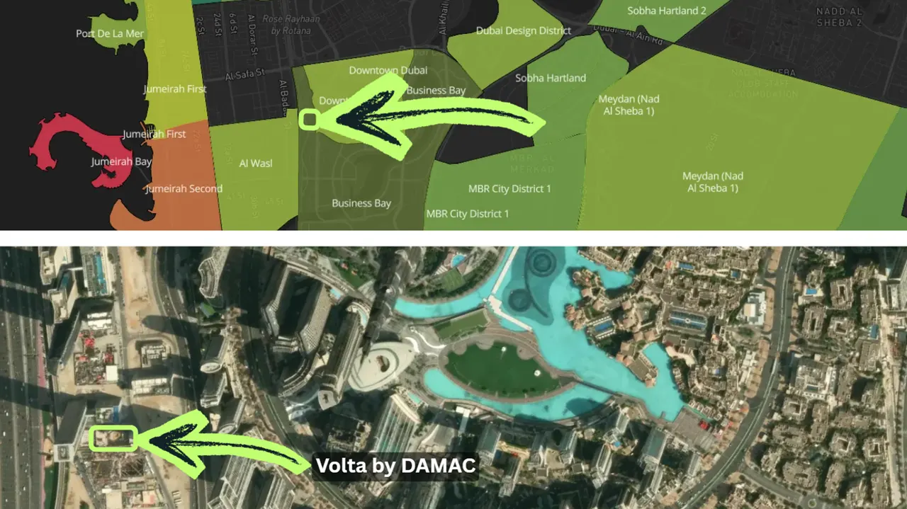 Volta by DAMAC in Downtown Dubai location within Downtown Dubai community map showing project position near Burj Khalifa in Dubai - Presented by Tohid Fetrat