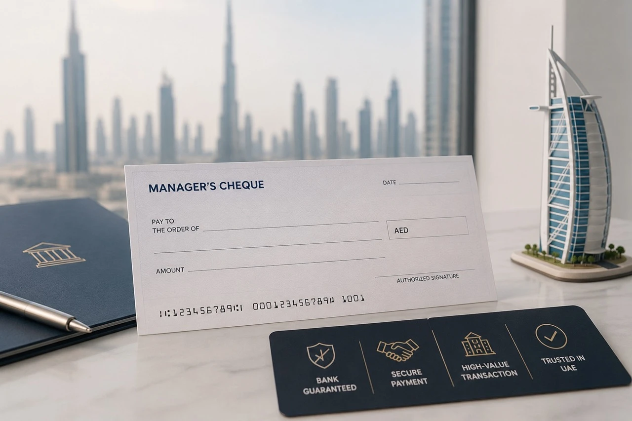 Manager’s cheque example for Dubai property transactions with Burj Khalifa skyline and UAE banking concept Presented by Tohid Fetrat