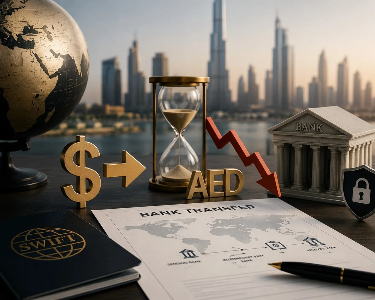 International bank transfer costs, exchange rate risks, and Dubai property payment delays concept Presented by Tohid Fetrat