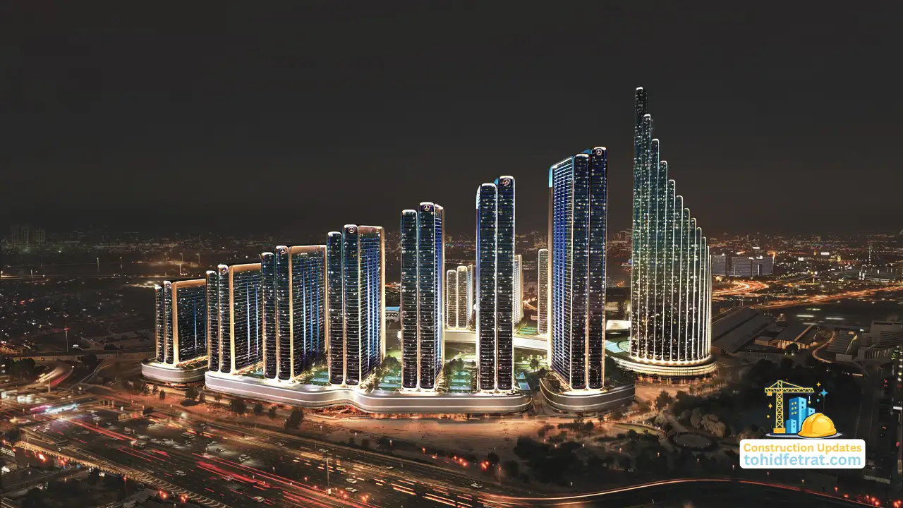 Illuminated luxury towers and large scale skyline development featured in Why Binghatti City Construction Updates Matter for Dubai Property Investors Presented by Tohid Fetrat