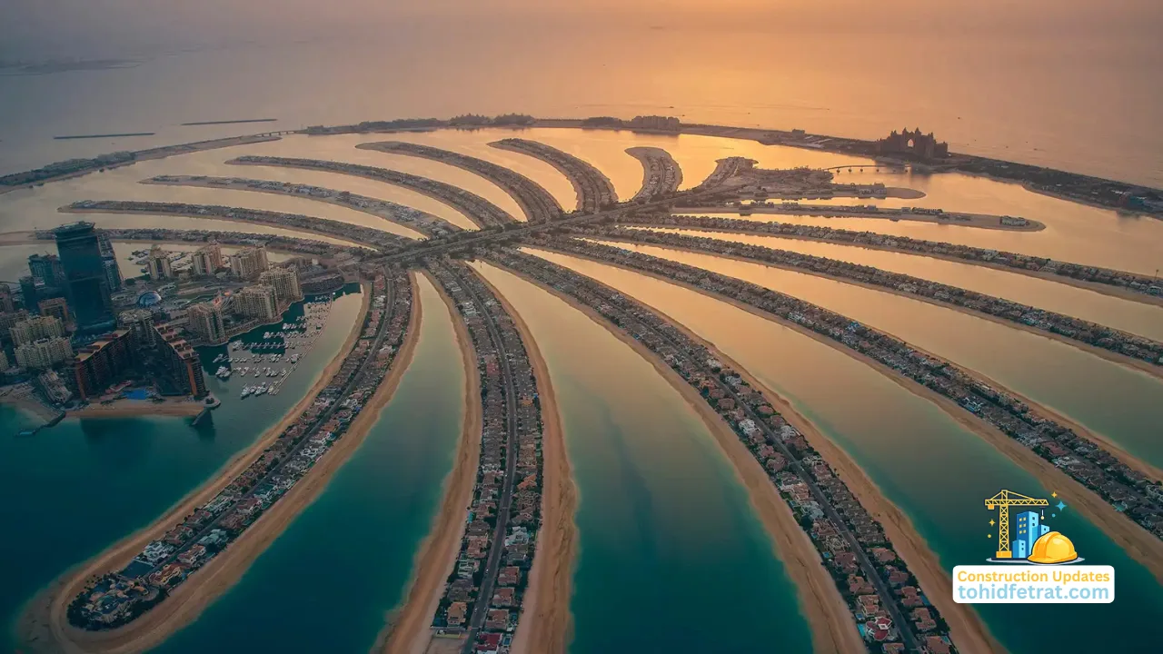 Aerial sunset view of Palm Jumeirah waterfront villas and island infrastructure featured in Why Palm Jumeirah Construction Updates Matter for Dubai Property Investors Presented by Tohid Fetrat