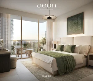 AEON at Dubai Creek Harbour by Emaar Properties elegant bedroom interior with balcony, floor to ceiling windows, soft neutral tones and city views in Dubai Presented by Tohid Fetrat