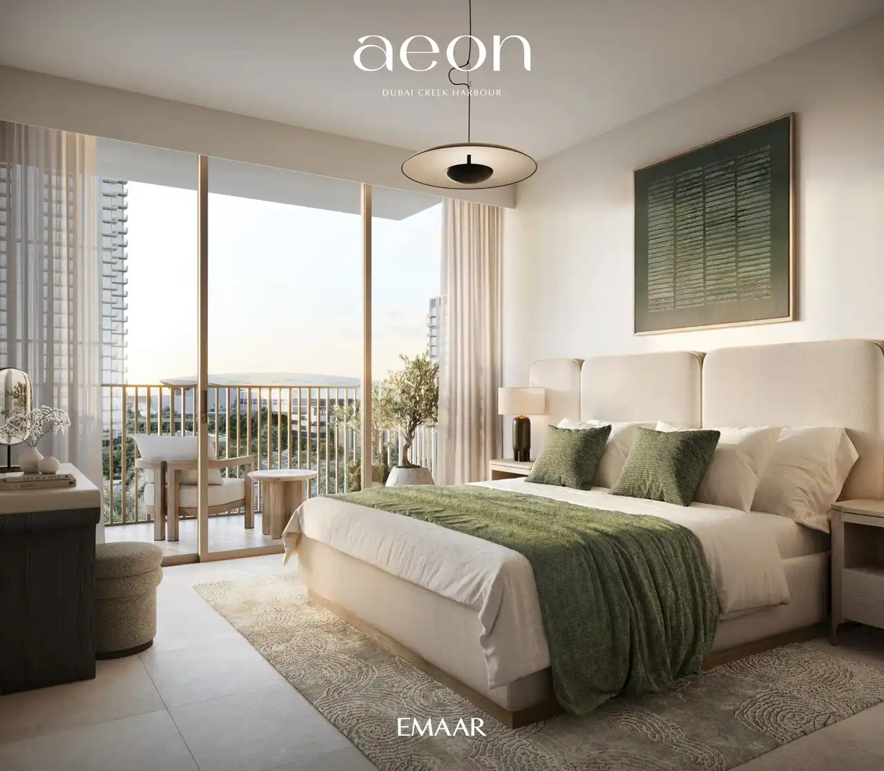 AEON at Dubai Creek Harbour by Emaar Properties elegant bedroom interior with balcony, floor to ceiling windows, soft neutral tones and city views in Dubai Presented by Tohid Fetrat