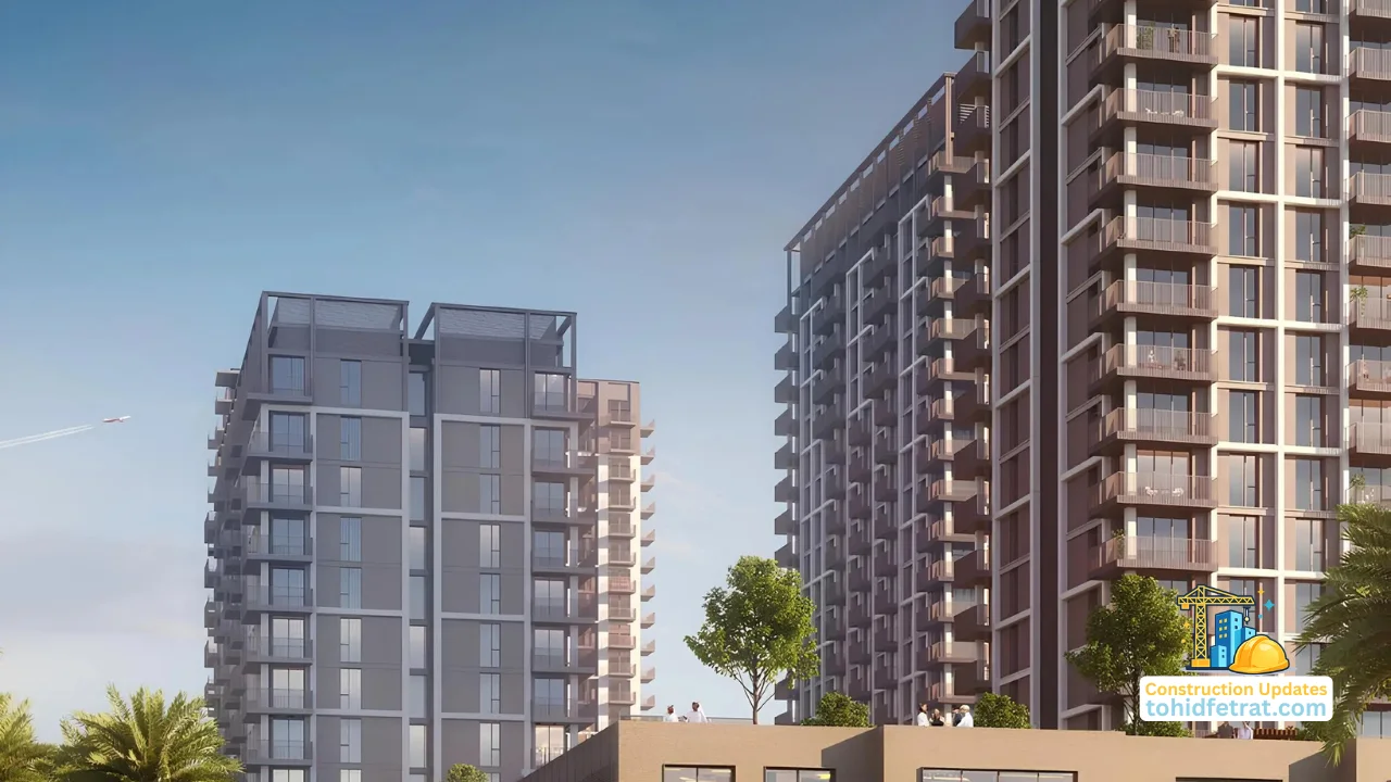 AEON at Dubai Creek Harbour by Emaar Properties residential tower structures, podium levels, balconies and landscaped surroundings during construction progress in Dubai Presented by Tohid Fetrat