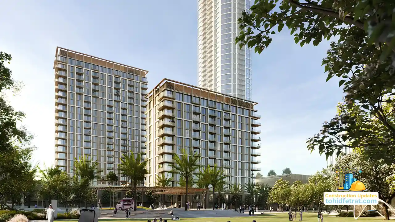 AEON at Dubai Creek Harbour by Emaar Properties residential towers overlooking landscaped park areas, palm trees and outdoor community spaces in Dubai Presented by Tohid Fetrat