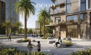 AEON at Dubai Creek Harbour by Emaar Properties residential entrance plaza with palm trees, modern tower facades, balconies and glass lobby in Dubai Presented by Tohid Fetrat
