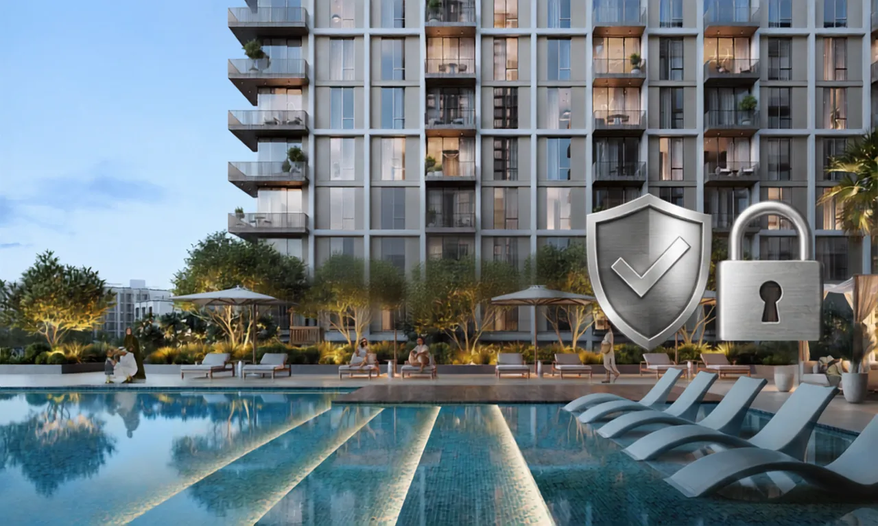 AEON at Dubai Creek Harbour by Emaar Properties pool deck with landscaped surroundings, security shield, lock icon and residential tower facade in Dubai Presented by Tohid Fetrat