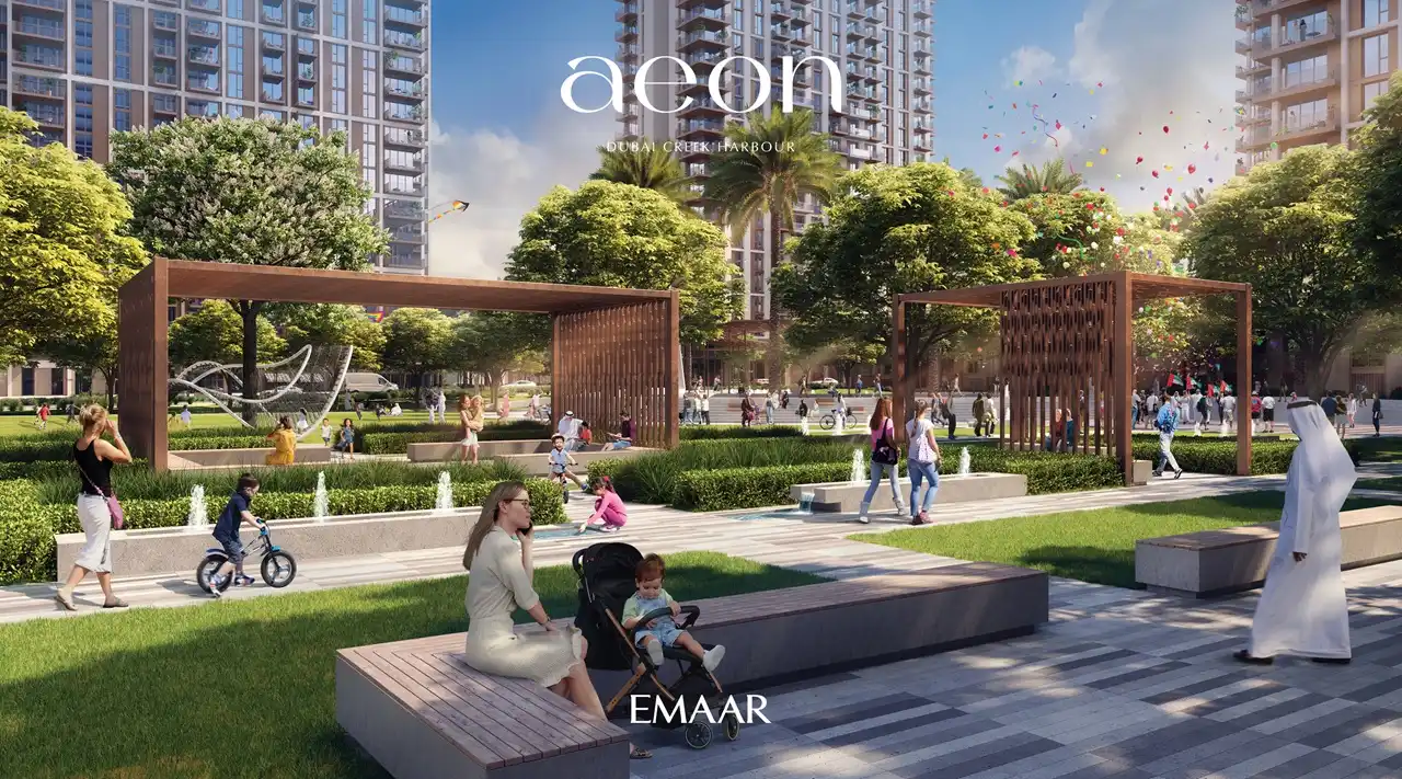 AEON at Dubai Creek Harbour by Emaar Properties residential towers with landscaped garden promenade, water features, shaded pergolas and family outdoor spaces in Dubai Presented by Tohid Fetrat