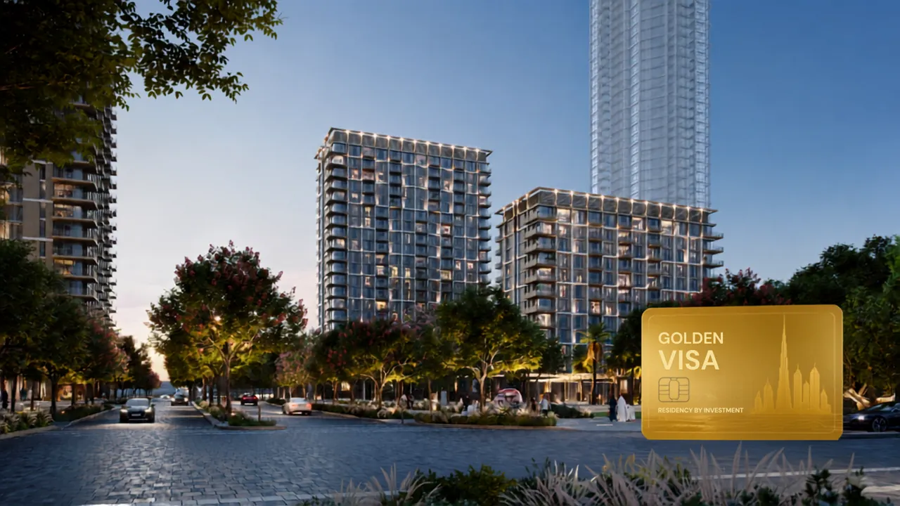 AEON at Dubai Creek Harbour by Emaar Properties residential towers with evening boulevard view, landscaped greenery and Golden Visa residency by investment graphic in Dubai Presented by Tohid Fetrat