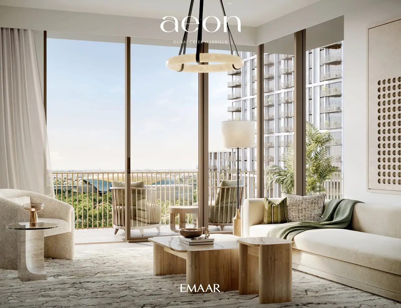 AEON at Dubai Creek Harbour by Emaar Properties elegant living room interior with balcony, floor to ceiling windows, neutral tones and waterfront views in Dubai Presented by Tohid Fetrat
