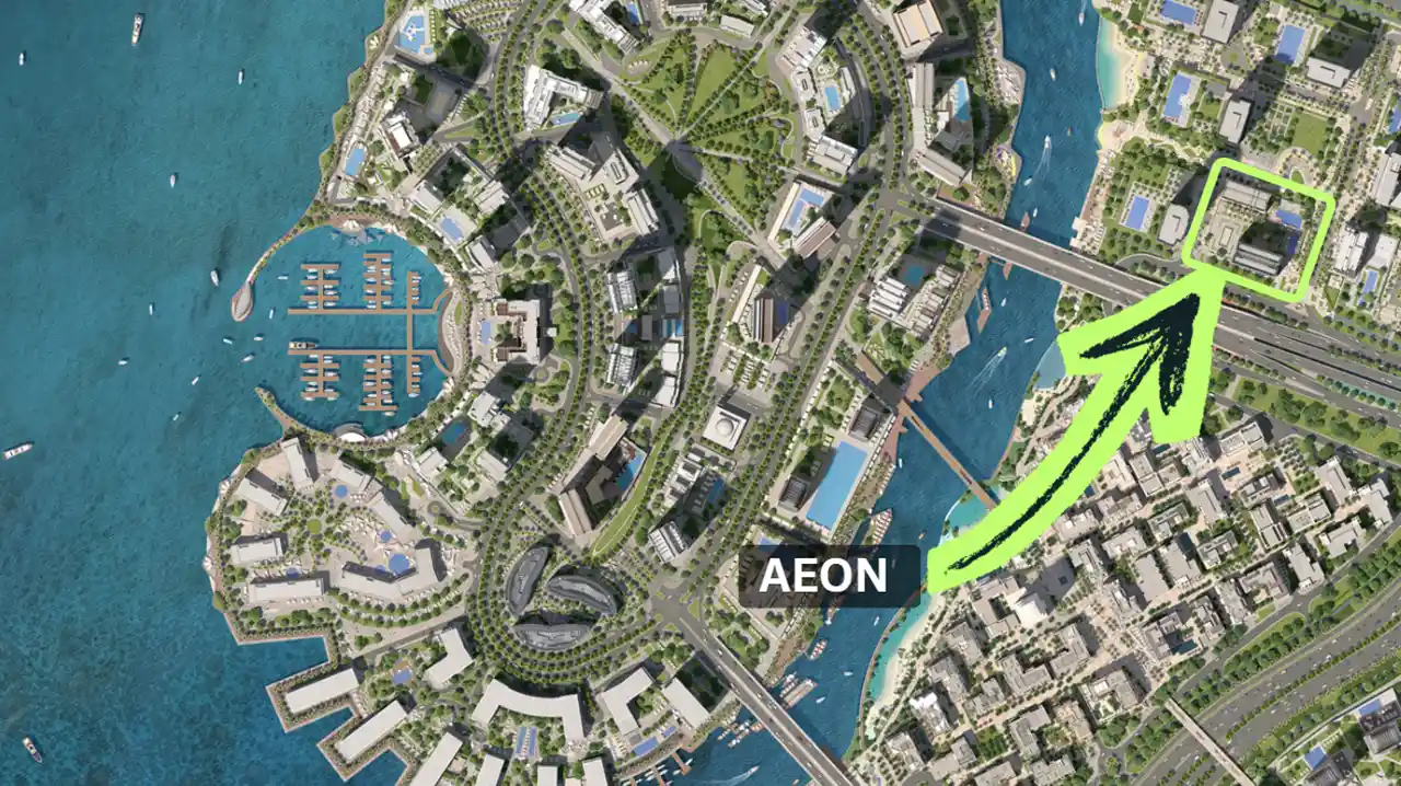 AEON at Dubai Creek Harbour by Emaar Properties location map with highlighted residential site, creek waterfront, bridge access, marina and surrounding community layout in Dubai Presented by Tohid Fetrat