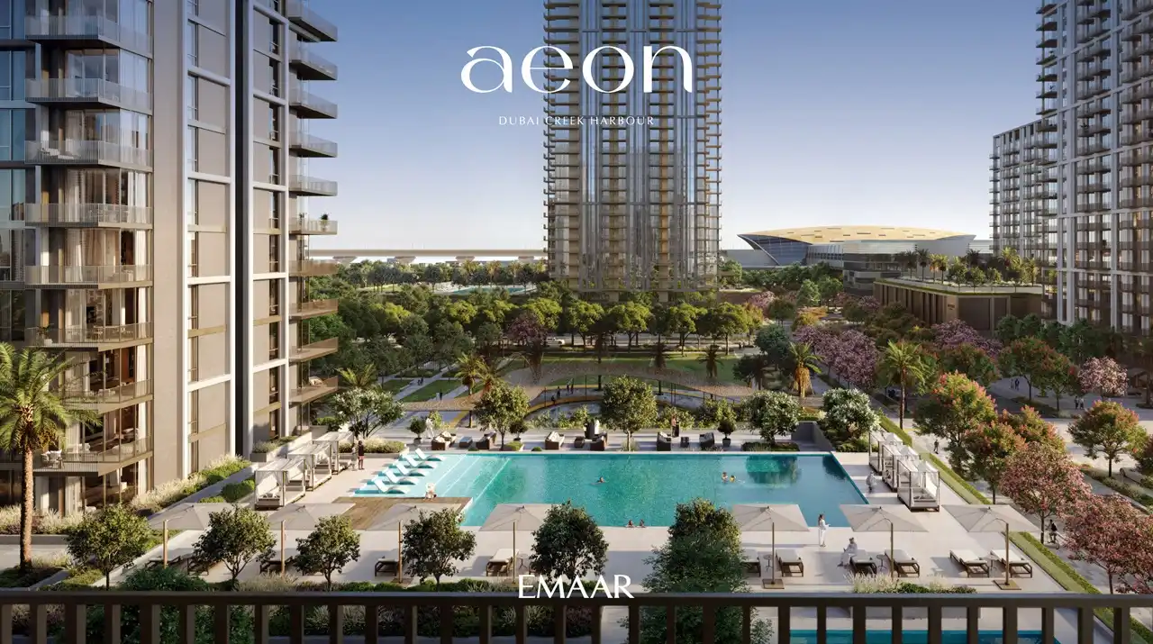 AEON at Dubai Creek Harbour by Emaar Properties residential towers with pool deck, landscaped gardens and modern waterfront architecture in Dubai - Presented by Tohid Fetrat