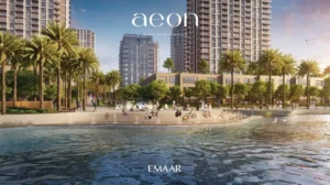 AEON at Dubai Creek Harbour by Emaar Properties residential towers with waterfront promenade, palm trees and modern leisure spaces in Dubai Presented by Tohid Fetrat