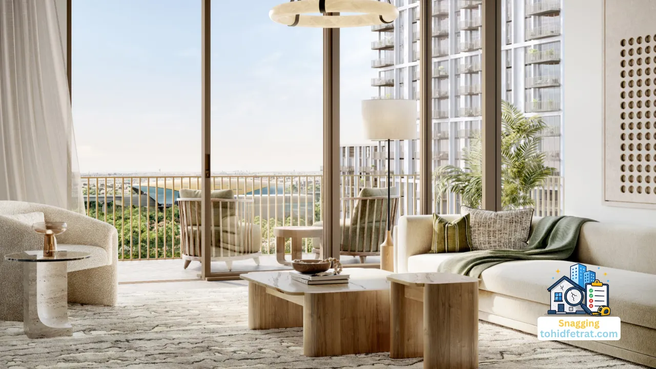 Why an Independent Inspection Protects AEON at Dubai Creek Harbour Buyers featuring a luxury living room with balcony views. Presented by Tohid Fetrat