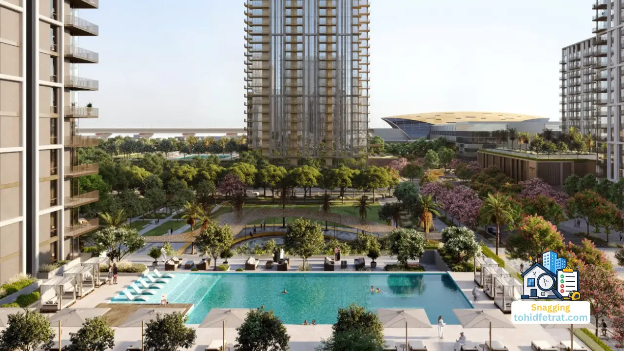 AEON at Dubai Creek Harbour Snagging Inspection featuring luxury residential towers, landscaped gardens, and a resort style swimming pool. Presented by Tohid Fetrat