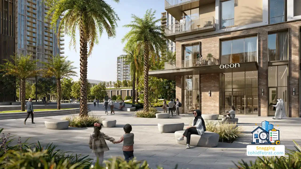 Why Snagging Matters at This Stage of AEON at Dubai Creek Harbour featuring landscaped walkways, retail frontage, and luxury residences. Presented by Tohid Fetrat