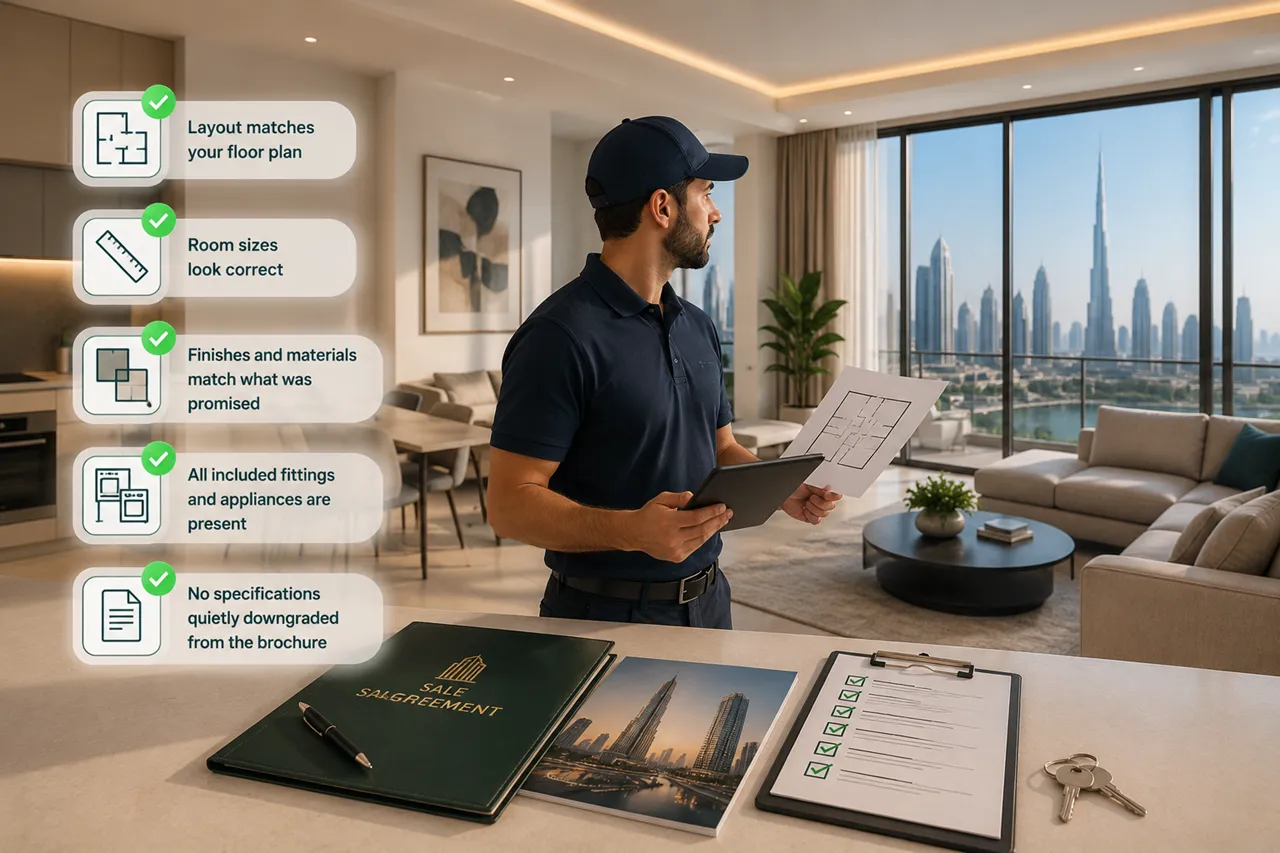 Against Your Sale Agreement showing a property inspector comparing the delivered apartment against floor plans specifications finishes and agreed inclusions in Dubai Presented by Tohid Fetrat