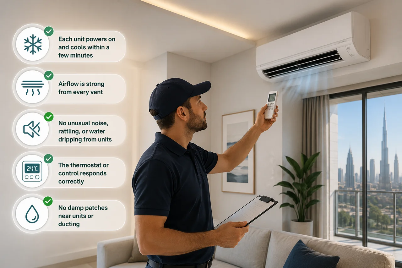 Air Conditioning inspection during a snagging survey showing checks for cooling performance airflow thermostat response moisture issues and system operation in a Dubai property Presented by Tohid Fetrat