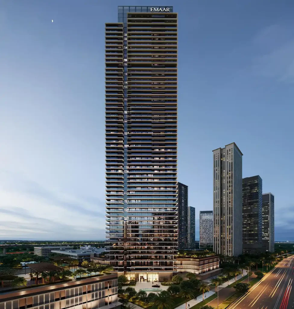 Albero at Dubai Creek Harbour by Emaar Properties modern residential tower exterior elevation with illuminated balconies and landscaped podium in Dubai Presented by Tohid Fetrat