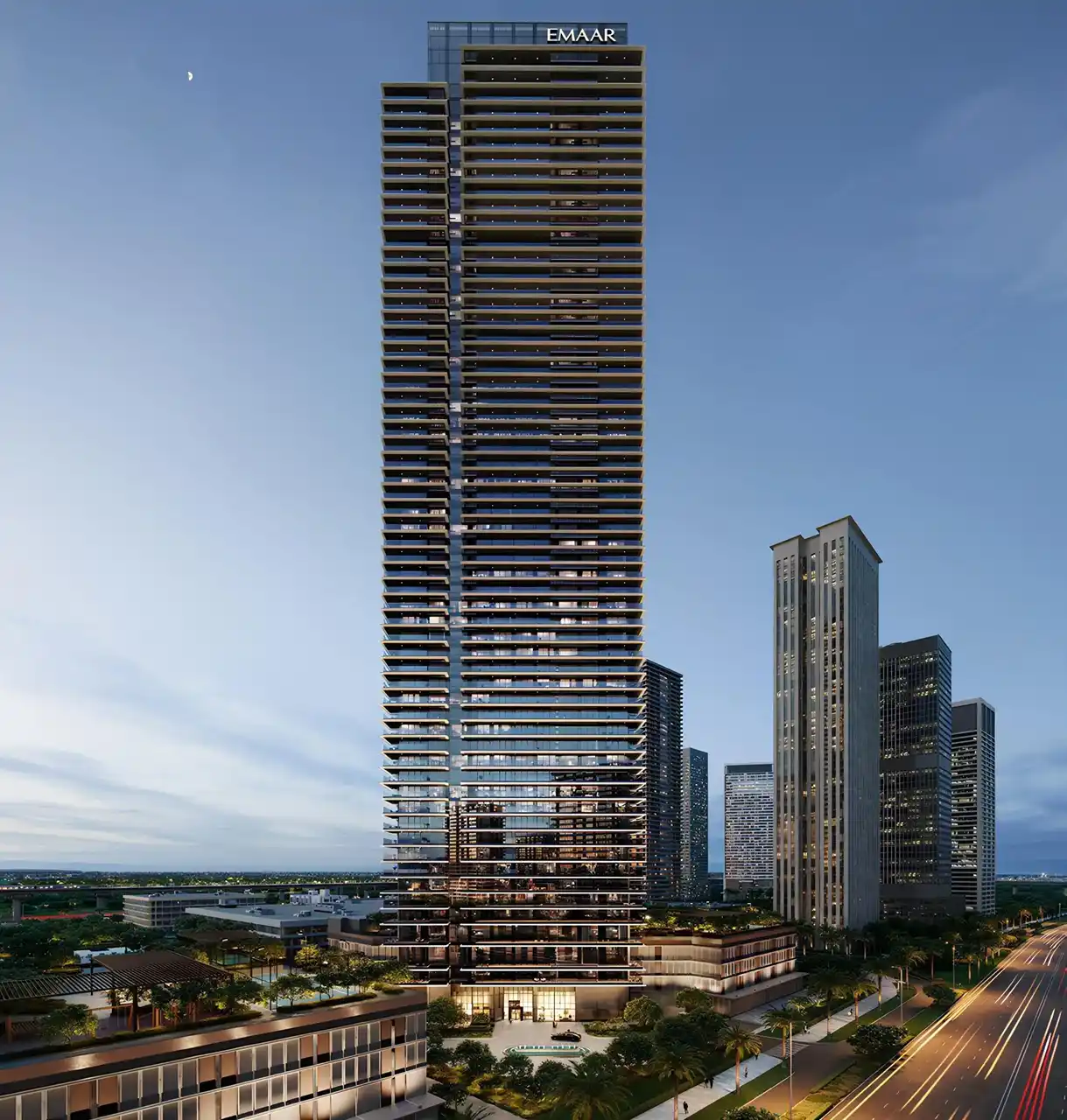 Albero at Dubai Creek Harbour by Emaar Properties modern residential tower exterior elevation with illuminated balconies and landscaped podium in Dubai Presented by Tohid Fetrat
