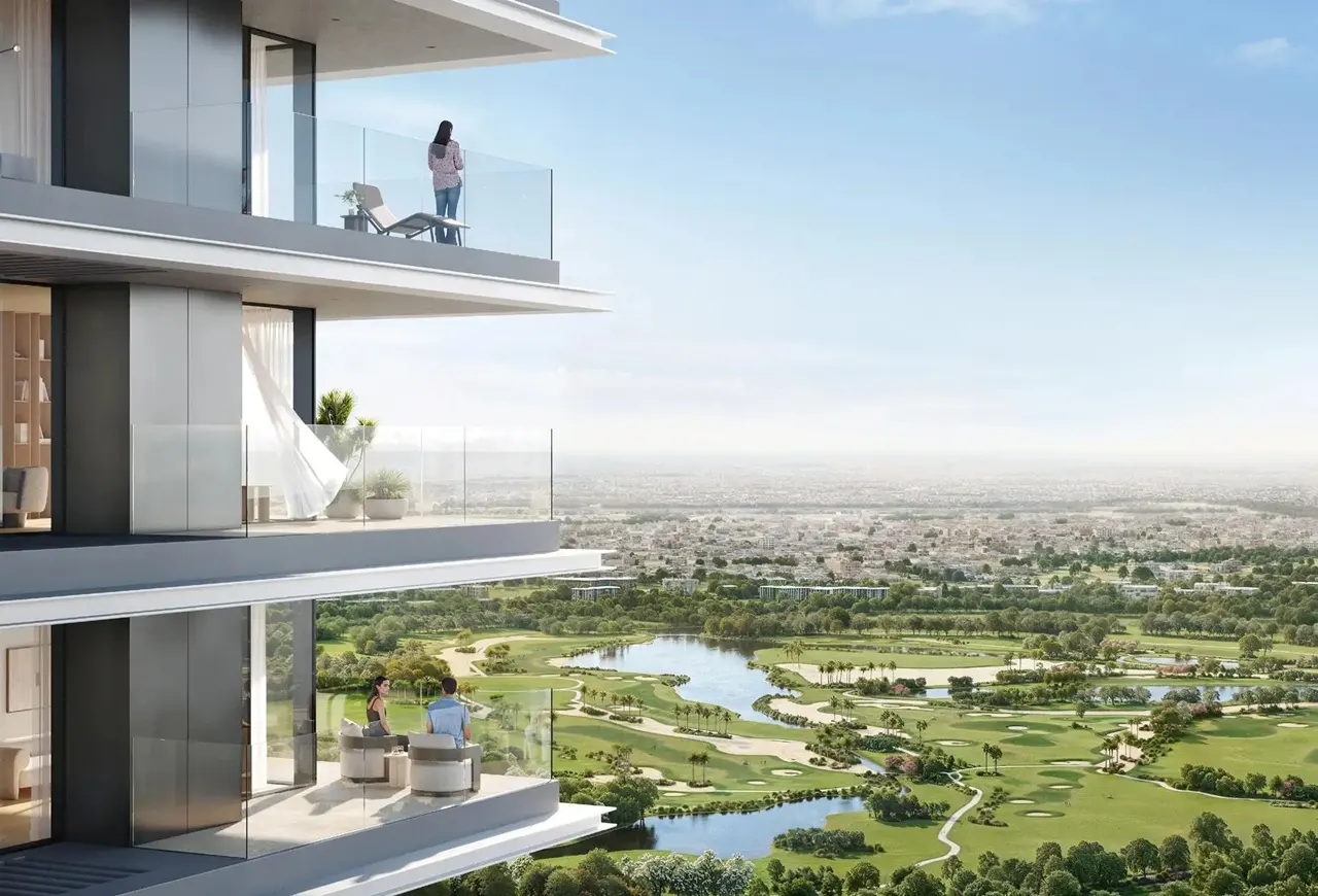 Albero at Dubai Creek Harbour by Emaar Properties private balconies overlooking expansive golf course views and landscaped green surroundings in Dubai Presented by Tohid Fetrat