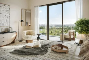Albero at Dubai Creek Harbour by Emaar Properties contemporary bedroom interior with floor to ceiling windows private balcony and panoramic green views in Dubai Presented by Tohid Fetrat