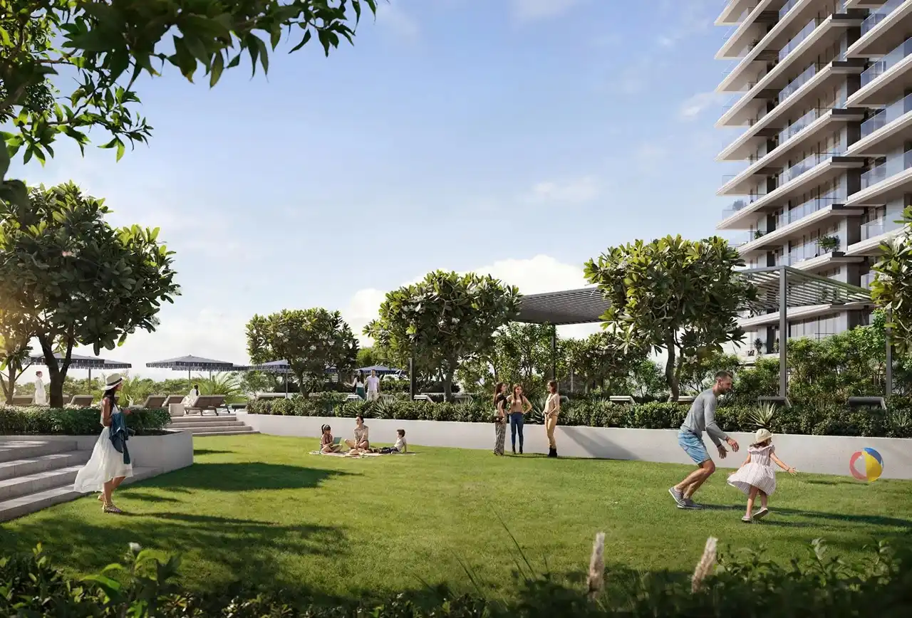 Albero at Dubai Creek Harbour by Emaar Properties landscaped community lawn with open green spaces shaded seating areas and residential tower surroundings in Dubai Presented by Tohid Fetrat