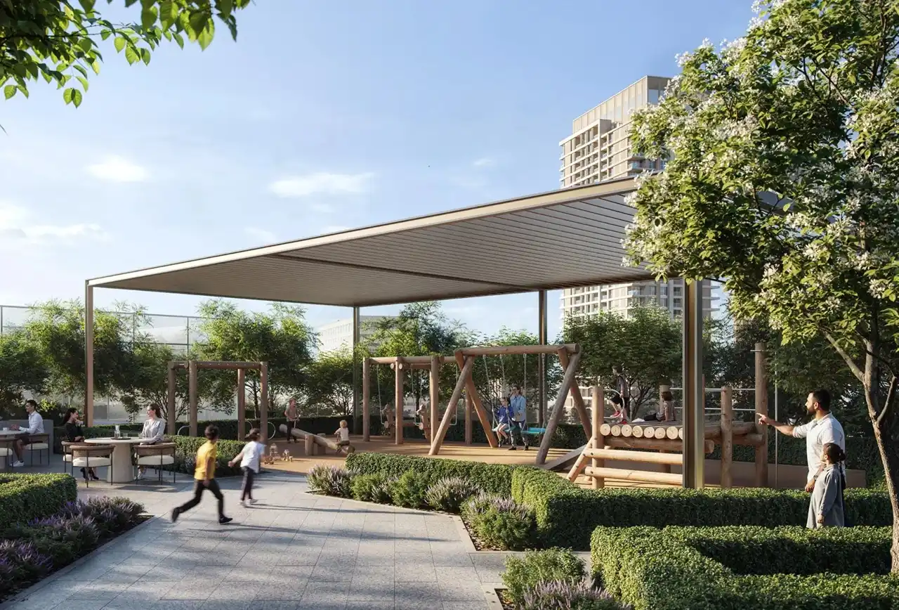 Albero at Dubai Creek Harbour by Emaar Properties outdoor kids playground with shaded recreation areas landscaped gardens and family friendly amenities in Dubai Presented by Tohid Fetrat