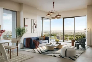 Albero at Dubai Creek Harbour by Emaar Properties contemporary living room interior with floor to ceiling windows spacious balcony and panoramic park views in Dubai Presented by Tohid Fetrat