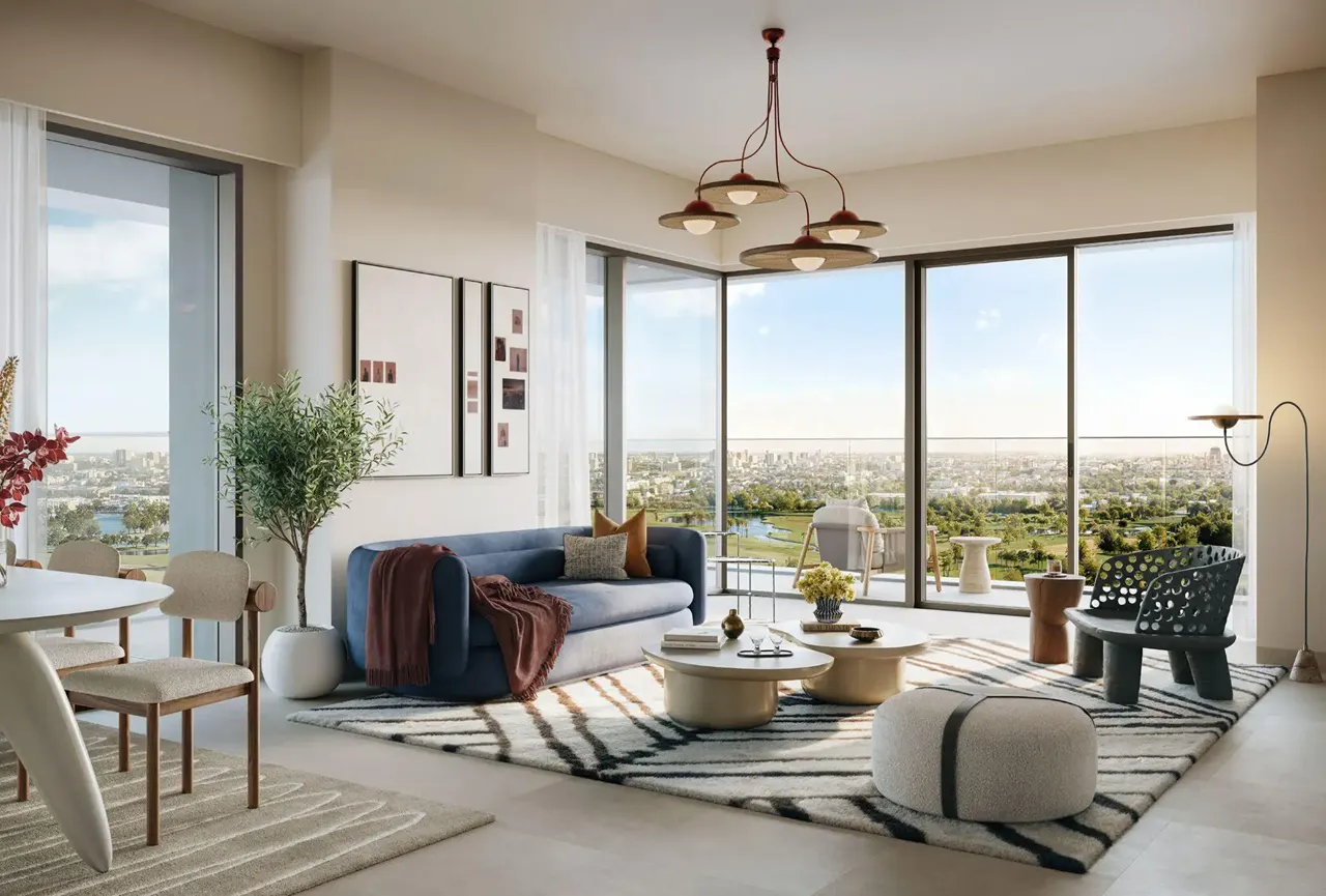 Albero at Dubai Creek Harbour by Emaar Properties contemporary living room interior with floor to ceiling windows spacious balcony and panoramic park views in Dubai Presented by Tohid Fetrat