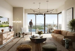 Albero at Dubai Creek Harbour by Emaar Properties luxury living room interior with floor to ceiling windows private balcony and panoramic Dubai skyline views in Dubai Presented by Tohid Fetrat
