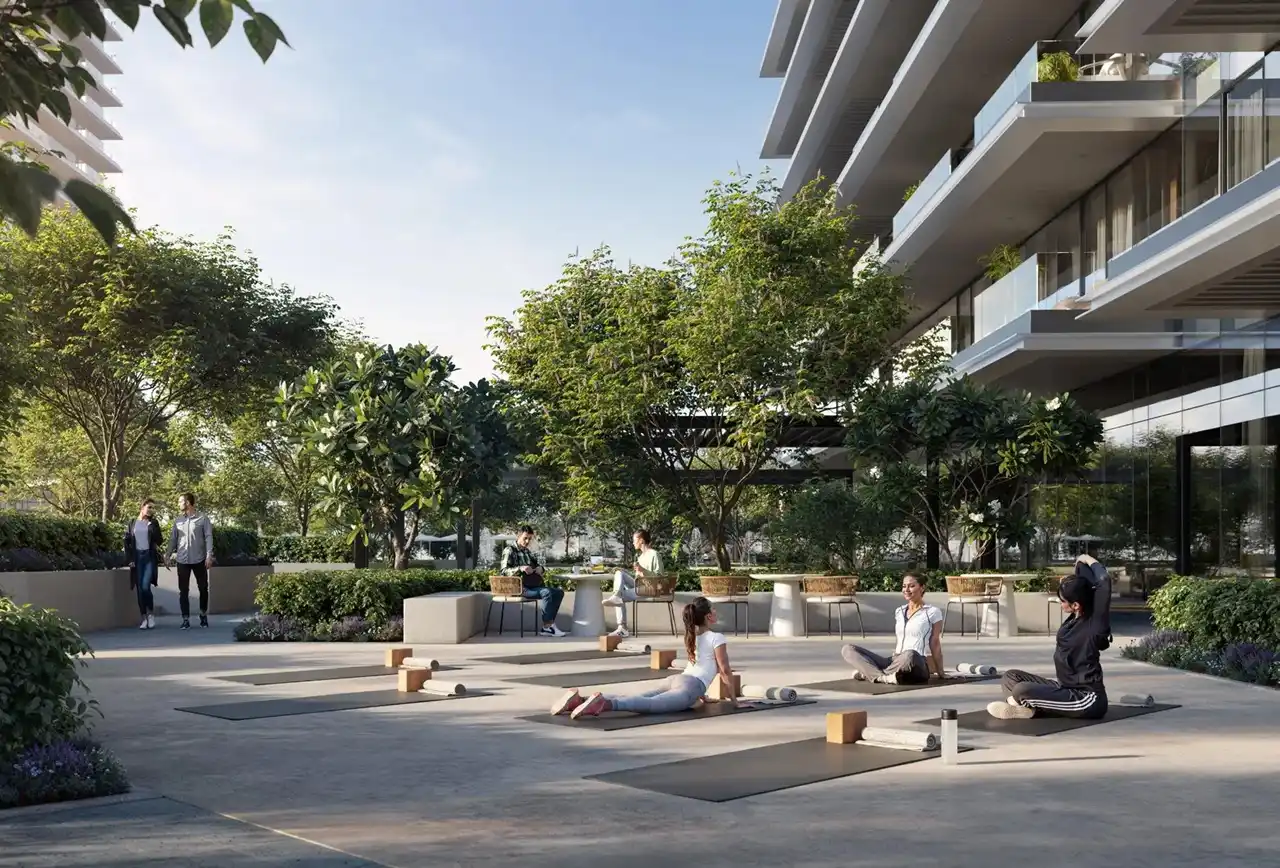 Albero at Dubai Creek Harbour by Emaar Properties outdoor yoga and wellness area surrounded by landscaped gardens and contemporary residential architecture in Dubai Presented by Tohid Fetrat