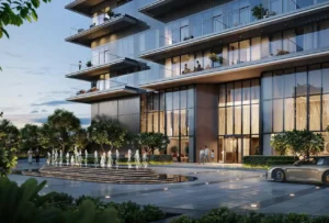 Albero at Dubai Creek Harbour by Emaar Properties grand residential tower entrance with water fountain landscaped forecourt and double height lobby in Dubai Presented by Tohid Fetrat