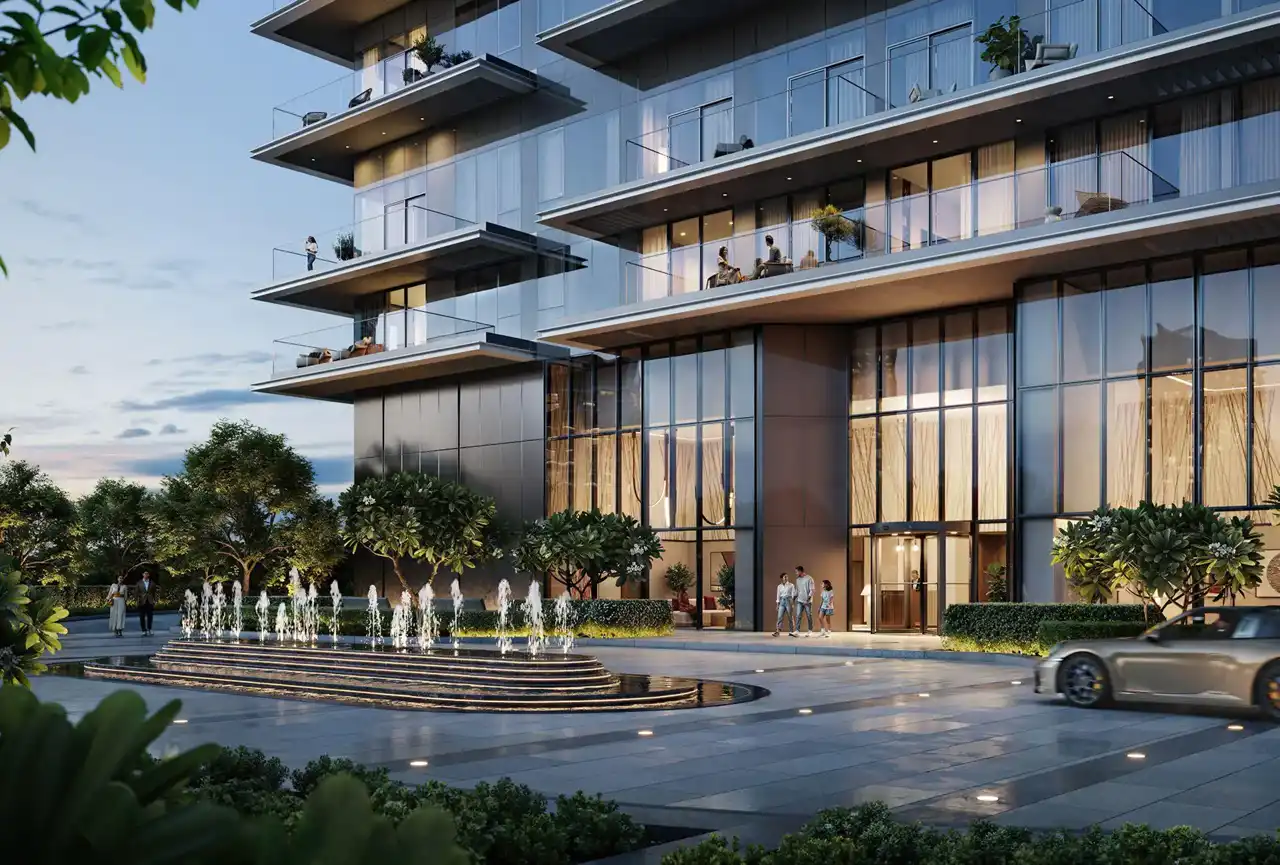 Albero at Dubai Creek Harbour by Emaar Properties grand residential tower entrance with water fountain landscaped forecourt and double height lobby in Dubai Presented by Tohid Fetrat