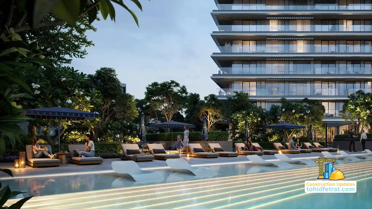 Altan at Dubai Creek Harbour by Emaar Properties construction update March 2026 featuring resort style swimming pool and landscaped amenity areas in Dubai - Presented by Tohid Fetrat