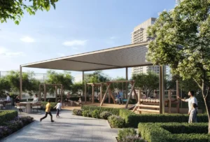 Altan at Dubai Creek Harbour by Emaar Properties outdoor children's play area surrounded by landscaped gardens and family friendly amenities in Dubai - Presented by Tohid Fetrat