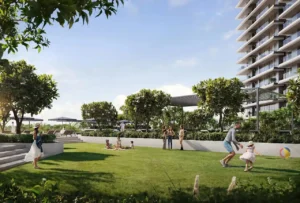 Altan at Dubai Creek Harbour by Emaar Properties landscaped garden and outdoor recreation space surrounded by greenery and residential amenities in Dubai - Presented by Tohid Fetrat