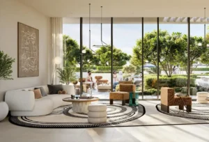Altan at Dubai Creek Harbour by Emaar Properties open plan living area with floor to ceiling windows and landscaped garden views in Dubai - Presented by Tohid Fetrat
